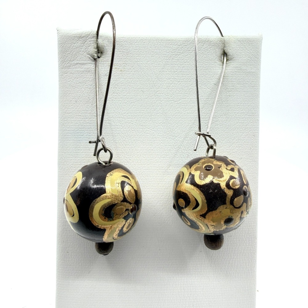 Vintage Hand Painted Wood Bead Drop Earrings Gold Tone Floral Brown Boho Retro